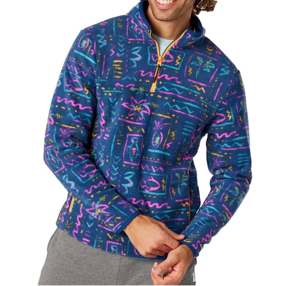 Chubbies Mens M The Chilly Vibe Blue Retro Geometric Quarter Zip Fleece Pullover
